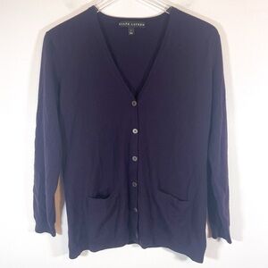 Ralph Lauren Black Label 100% merino wool dark plum purple button down cardigan